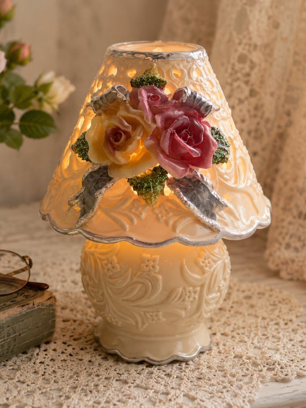 Vintage Porcelain Fairy Lamp Pink Roses Floral Candle Holder Made in China